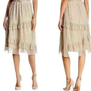 Anthropologie x June & Hudson Tiered Ruffle Midi Skirt Metallic Gold XS NEW